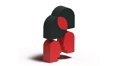 Two black and red abstract figures bound together.