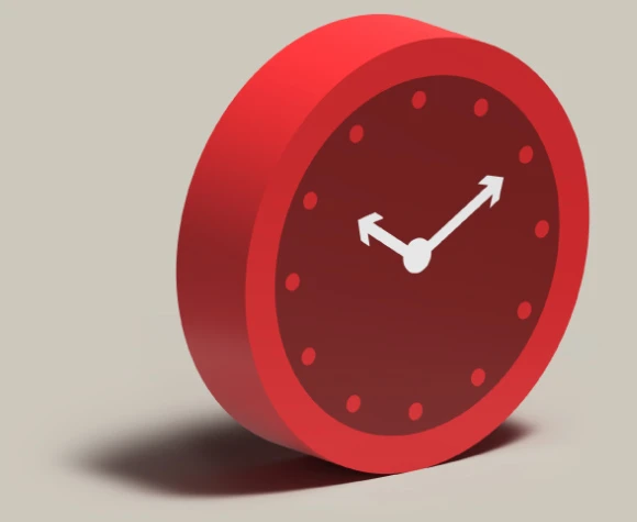 A 3D red clock with white arms pointing to 10 past 10.